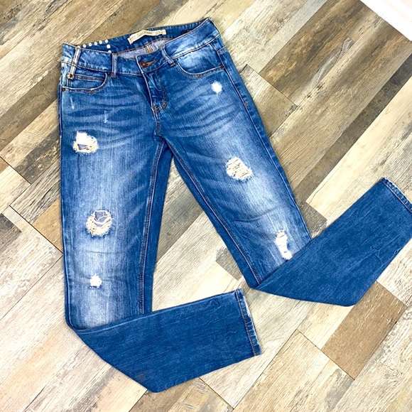 Zara Trafaluc Distressed Slim Jeans Premium Wash Blue We're denim wear Sz. 2